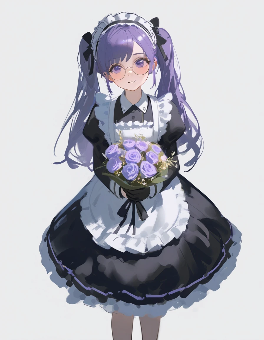 Ciloranko, wlop, 1girl, 独奏, flower, bouquet, purple eyes, maid headdress, looking at viewer, maid, apron, full body, long hair, twintails, holding, white background, long sleeves, holding bouquet, dress, bow, juliet sleeves, puffy sleeves, blush, simple background, parted lips, frills, ribbon, two side up, hair bow, maid apron one girl, super high quality, Super Detail, Super Detailed image, long hair, looking at viewer, skirt, shirt, hair ornament, violet eyes,black gloves, round glasses, long sleeves,violet hair, round glasses, Flat Chest, smile