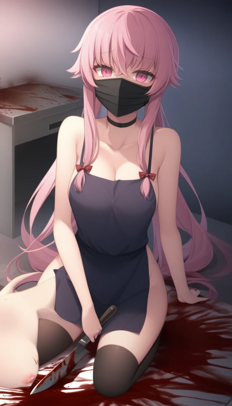 masterpiece, best quality, sexy, 1girl, Gasai Yuno,(large breasts:1.5), nipples, solo, nude, as Gasai Yuno Sits in her kill room she stays blankly act a painting of her lover, she is wearing a black choker and black thigh highs and behind her there is a small table with a blood stained knife and a black face mask as well as a apron made of human skin, ((kill room)), ((blood)), ((psycho)),evil smile,dark and for Bodine atmosphere, she is hunting you