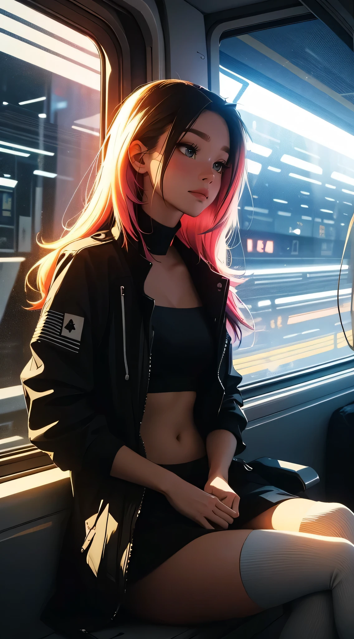 train du futur, cyberpunk, sitting by the window, pose pensives, Looking dreamily off in the distance,
Landscape passing by at high speed, voyage de nuit, beautiful starry sky, Une belle fille avec,
UHD Portrait, (High quality) (ultra details) Spectator in tenue de ville hip-hop style. open jacket, crop top, short skirt, over the knee socks, striped; different, colourfull, colored long hair 🌈
Back light. light through hair, low key lighting, deep shadows, dark scene. well lit face