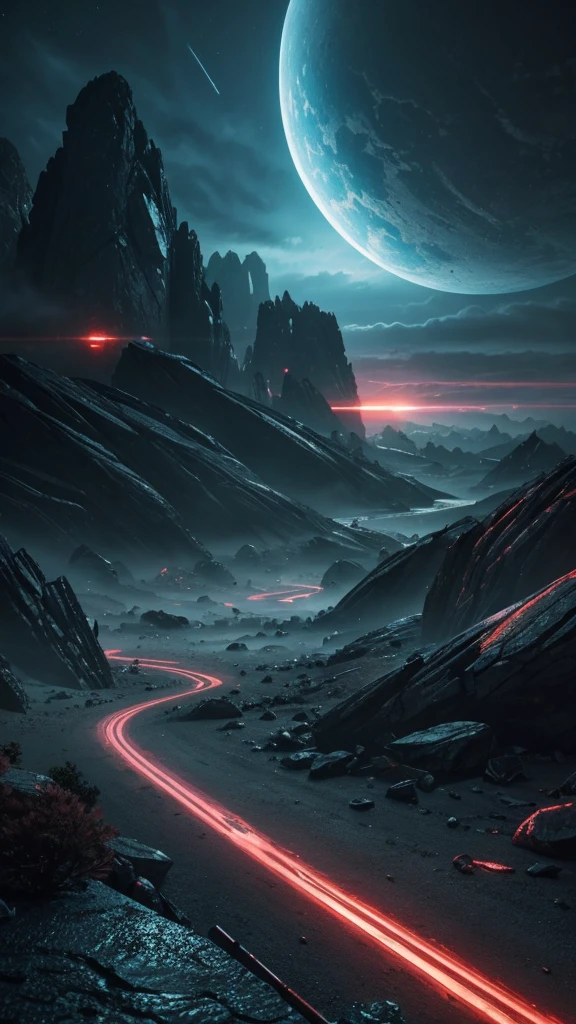 a vivid sci-fi landscape, cinematic atmosphere, dramatic lighting, hyper-detailed, photorealistic, 8k, HDR, physically-based rendering, masterpiece