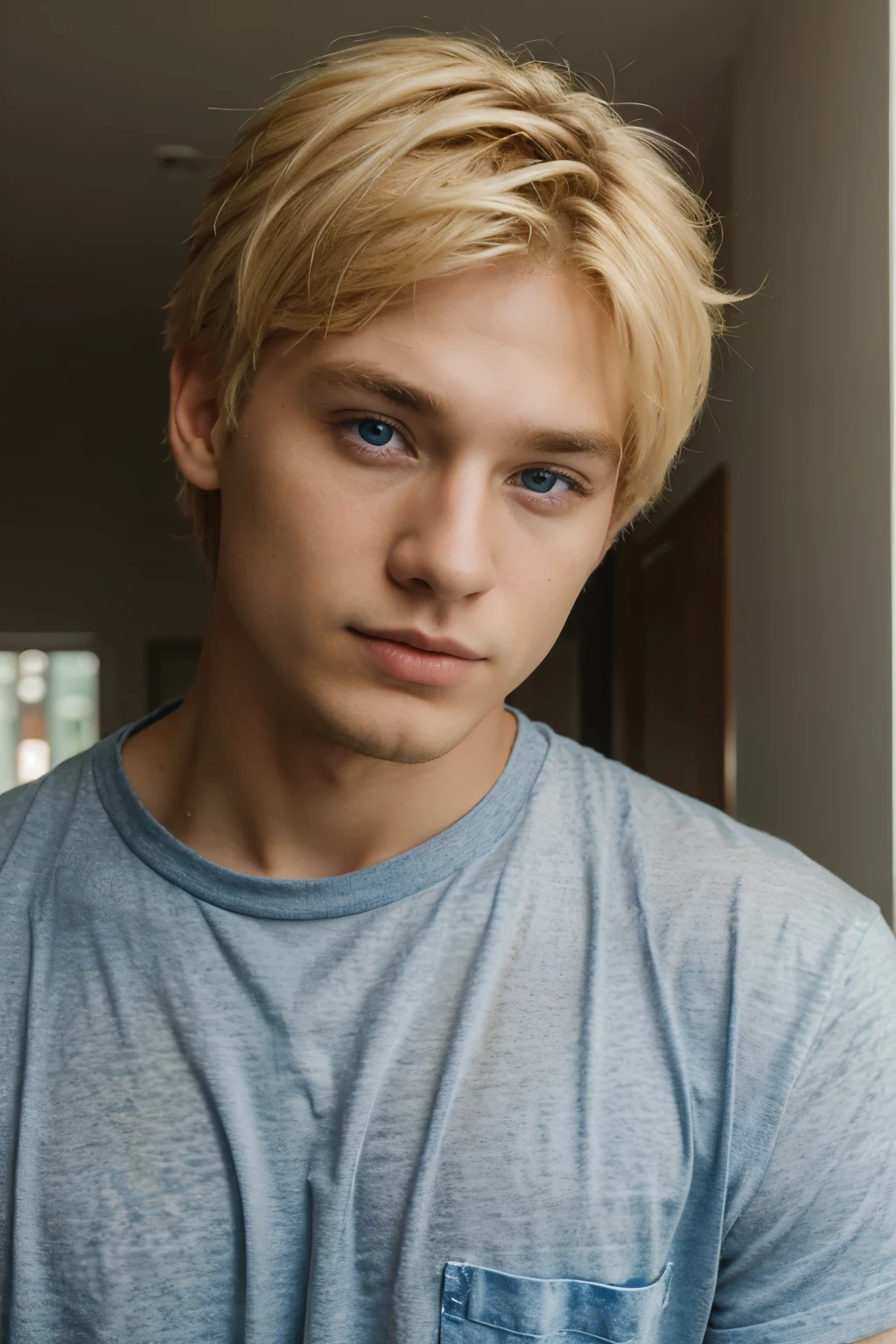 photo of a stunningly handsome thin man 20 years old, Blue eyes, short curly hair, blonde hair, full height, in a black shirt, photorealistic, Best quality, detailed, 8K, HDR, cinematic lighting, Sharp Focus, short hair, looks at the camera, Happy, smile on your face, on a green background