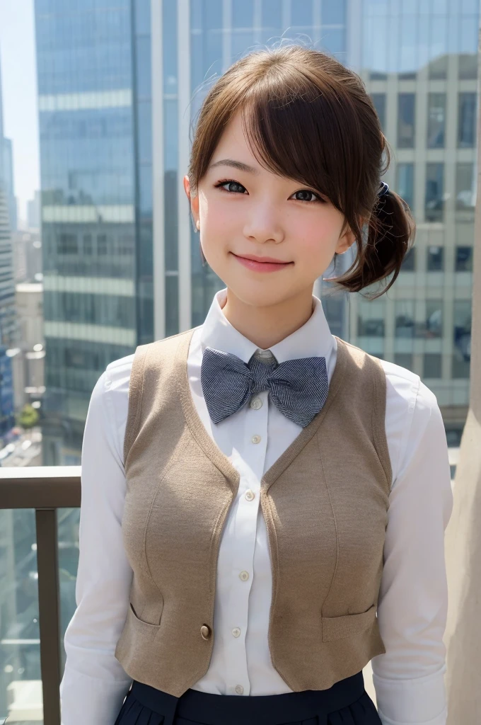 1girl, matured female, vest, bow, photo, realistic, best quality, hires, detailed face, office, buildings from window, detailed background, diffused sunlight, depth of field, bokeh