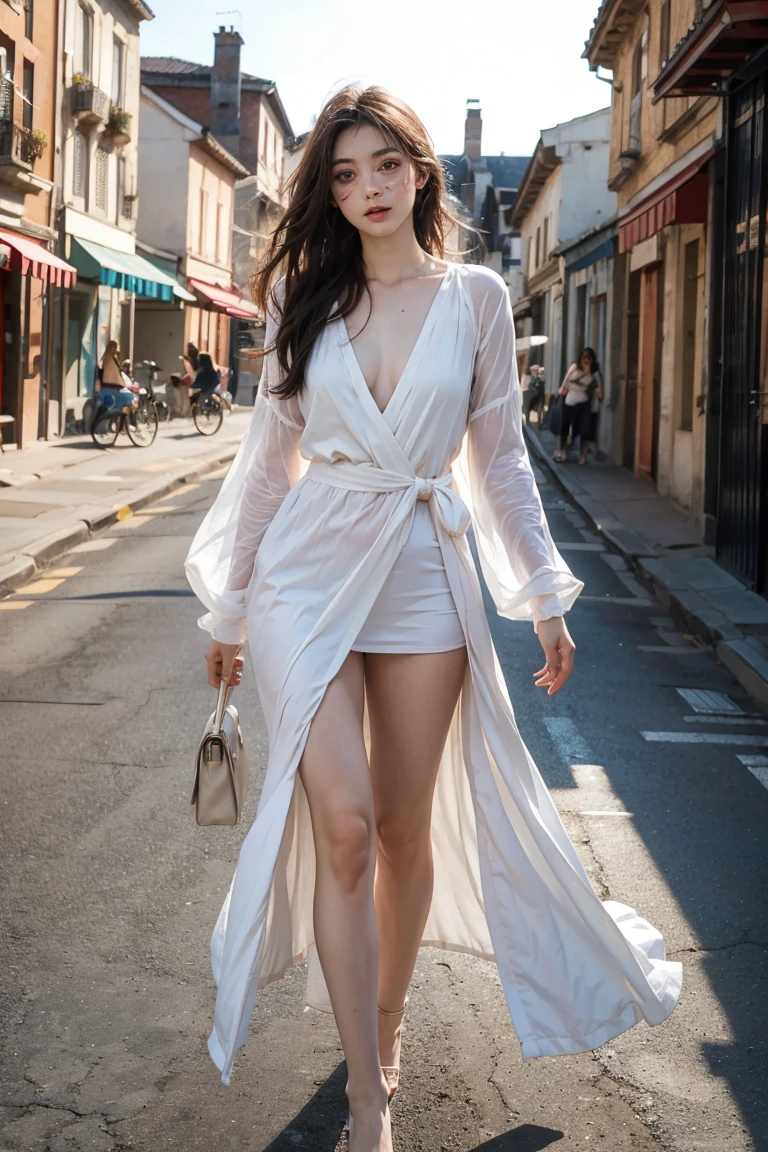 fille en vacances, en robe,Abdos sexy, L'l'abdomen est complètement exposé, traits du visage détaillés, Beaux yeux, lèvres, et de longs cils, réalité, 8k, Très détaillé, éclairage de outdoor, couleurs vives, vacances, Ambiance de chaleur estivale