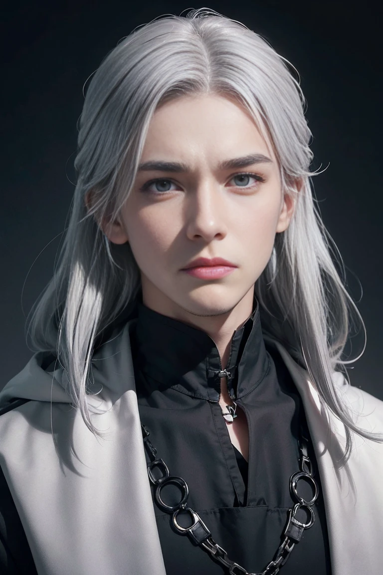 Rollo is a tall young man with a pale complexion. His hair is grey with streaks of white, and is styled in front with short, choppy bangs following longer sections framing his face above his ears, which lead into thin grey sideburns. His nose is vertically long and flat, and his eyebrows are dark-grey, furrowed and s-shaped. He has sanpaku eyes, which are a pale forest-green with tints of deep blue framed with dark-grey, thick and upturned eyelashes with large hoods above them. His lips are thin and pale, darker on the upper lip and paler on the bottom.
His heavy eye-bags are particularly striking, being a deep grey and even coloring the hoods; because of them, his eyes are creased at the bottoms. His face is typically inexpressive, usually displaying a scowl. He uses a handkerchief to cover up his expressions in public.