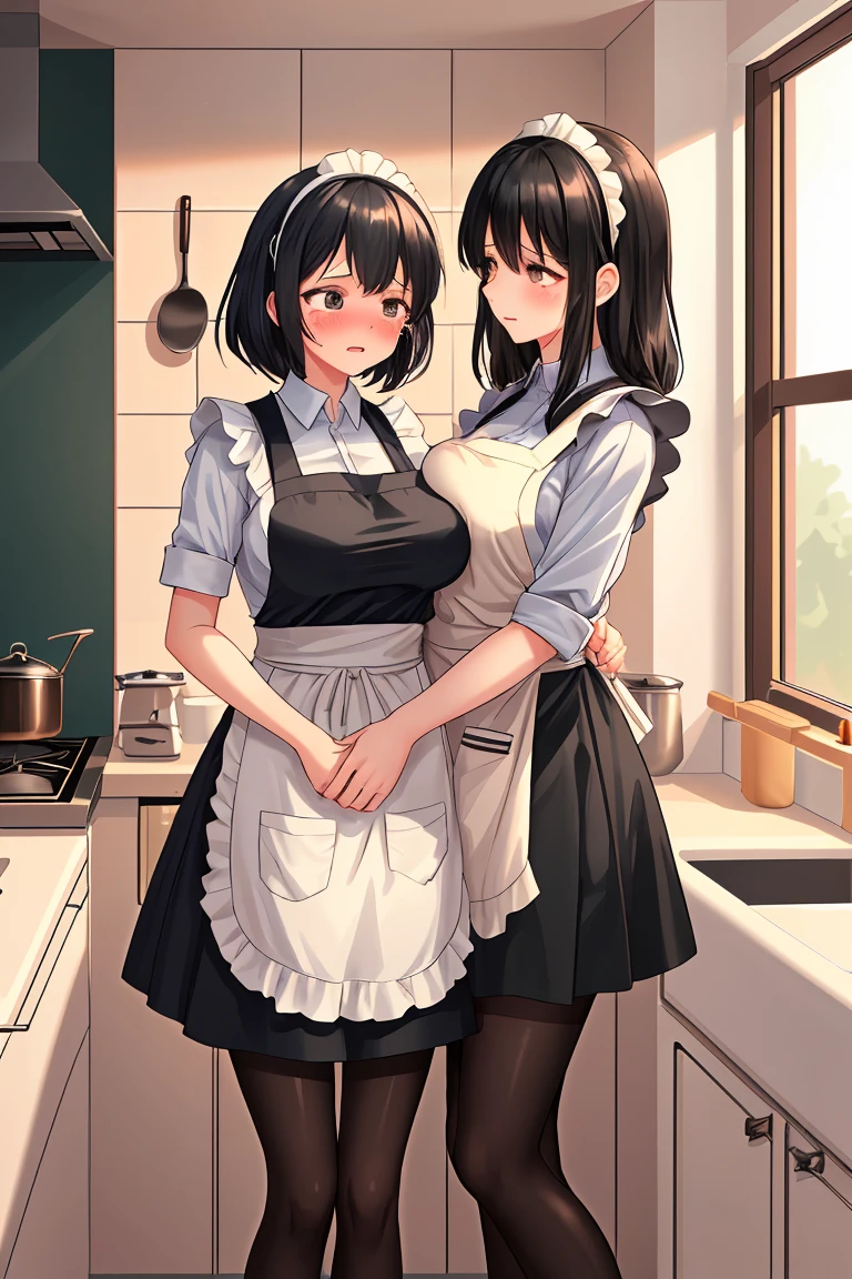 Beauty mother-in-law Black Hair A little height difference Mother and daughter have beautiful breasts hair band Both mother and daughter are holding back tears. apron kitchen mini skirt Black Pantyhose