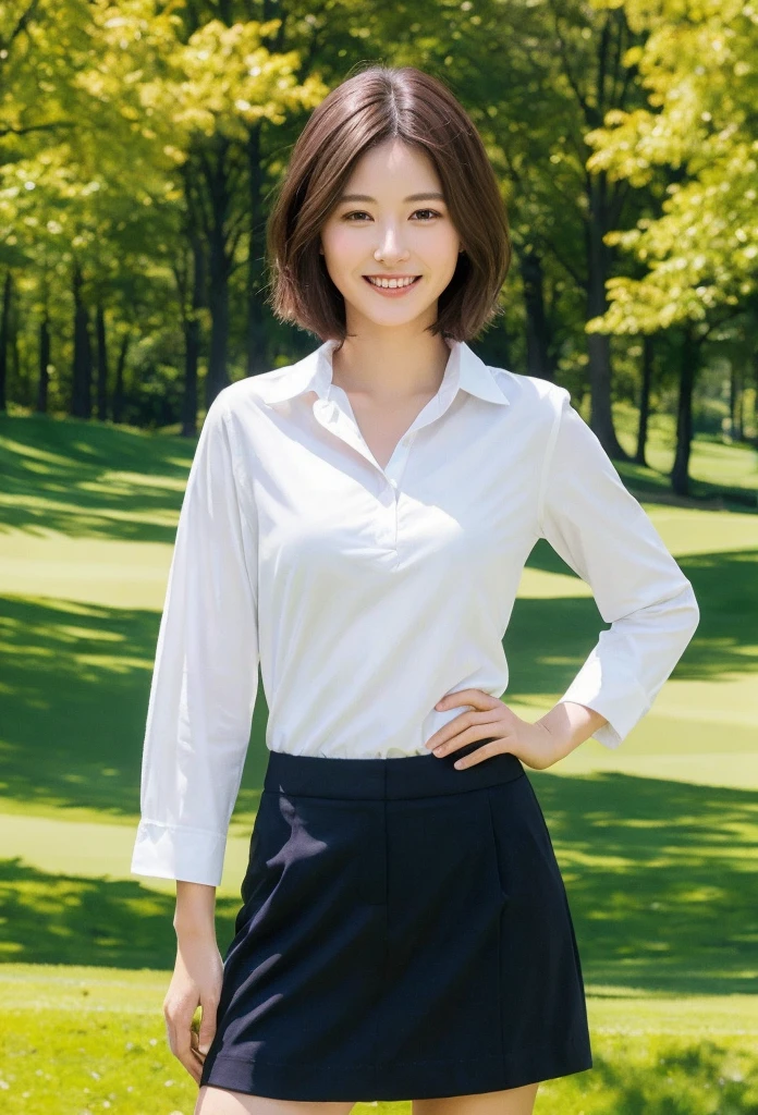 (MASTERPIECE:1.3), (8K, pfotorealistic, RAW Photography, highest quality: 1.4), Japan persons, (1女の子), face face、, (realstic face), (Dark brown hair, short haired:1.3), Beautiful Hairstyle, realistic eye, beautiful detail eyes, (realistic skin), Beautiful skin, irresistible, Ultra high Resolution, an ultra realistic, High Detail, the golden ratio, (Detal Face:1.2), watch the beholder,smileing,Open white shirt,midchest,Standing on a sunny golf course,hands On Hips