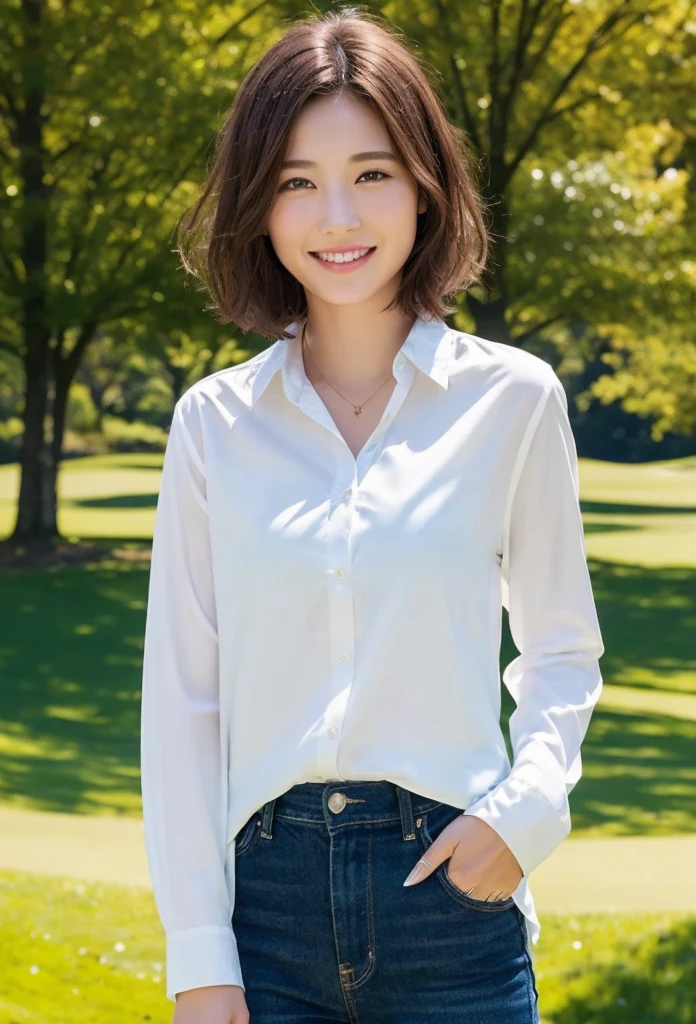(MASTERPIECE:1.3), (8K, pfotorealistic, RAW Photography, highest quality: 1.4), Japan persons, (1女の子), face face、, (realstic face), (Dark brown hair, short haired:1.3), Beautiful Hairstyle, realistic eye, beautiful detail eyes, (realistic skin), Beautiful skin, irresistible, Ultra high Resolution, an ultra realistic, High Detail, the golden ratio, (Detal Face:1.2), watch the beholder,smileing,Open white shirt,midchest,Standing on a sunny golf course,hands On Hips