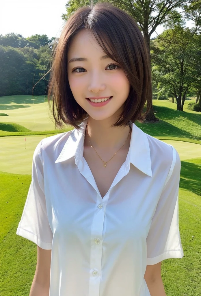 (MASTERPIECE:1.3), (8K, pfotorealistic, RAW Photography, highest quality: 1.4), Japan persons, (1女の子), face face、, (realstic face), (Dark brown hair, short haired:1.3), Beautiful Hairstyle, realistic eye, beautiful detail eyes, (realistic skin), Beautiful skin, irresistible, Ultra high Resolution, an ultra realistic, High Detail, the golden ratio, (Detal Face:1.2), watch the beholder,smileing,Open white shirt,midchest,Standing on a sunny golf course,hands On Hips