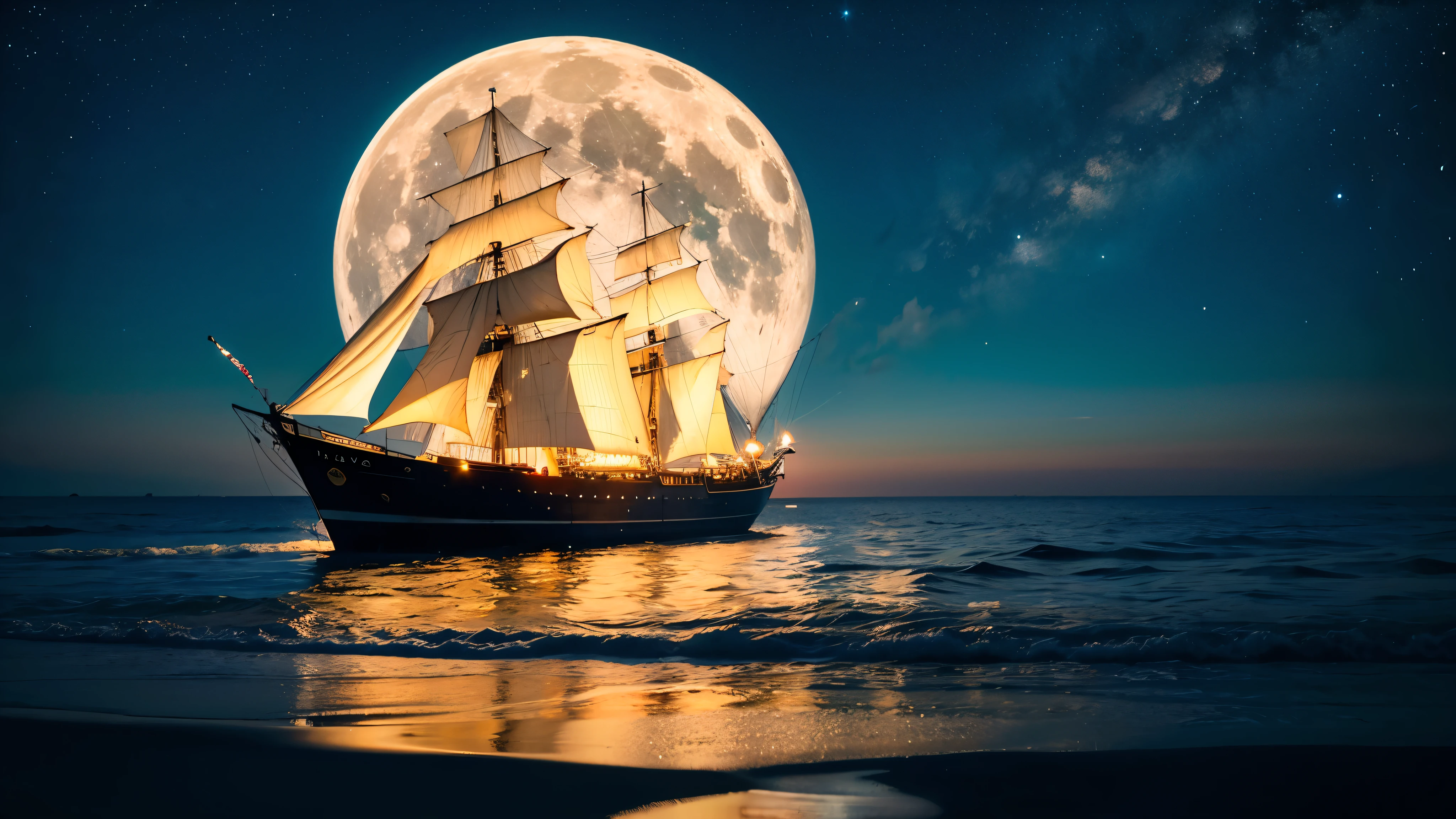 Ocean、Big full moon、night、Peaceful、Healing、8K、Starry Sky、Cinematic、Tranquility、mysterious、Big moon、A starry sky, a big moon、Big sailing ship, coast and lit lamps