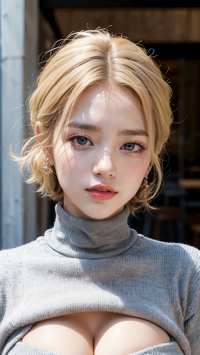 ((Highest quality, 8K, masterpiece :1.3)), Sharp focus :1.2, Beautiful woman with perfect figure :1.4, Slim Abs :1.2, ((Big Breasts, Emphasize cleavage:1.3)), (Photorealistic:1.4), (realistic:1.4), Highly detailed face and skin texture, Fine grain, double eyelid. Makeup face. A little bit of lipstick, necklace, Earrings, sex appeal, Sexy gravure pose, ((Beautiful woman wearing a yellow turtleneck and jeans。The background is the living room of a tower apartment building。A relaxed smile on your face。Her hair is long and blonde.。:1.3)