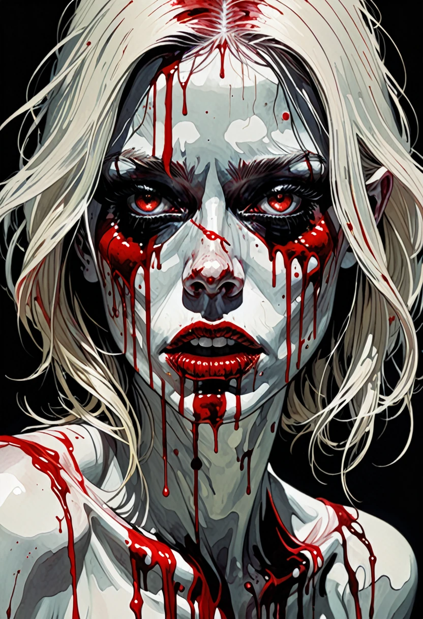 a close up of a person with a bloody face on a black background, jamie hewlett art, pale woman covered with blood, satanic body, inspired by Jeffrey Catherine Jones, ( ( ( horror art ) ) ), monochrome and red color bleed, demon girl, inspired by Tomer Hanuka, demon woman, high contrast illustration, dark high-contrast concept art