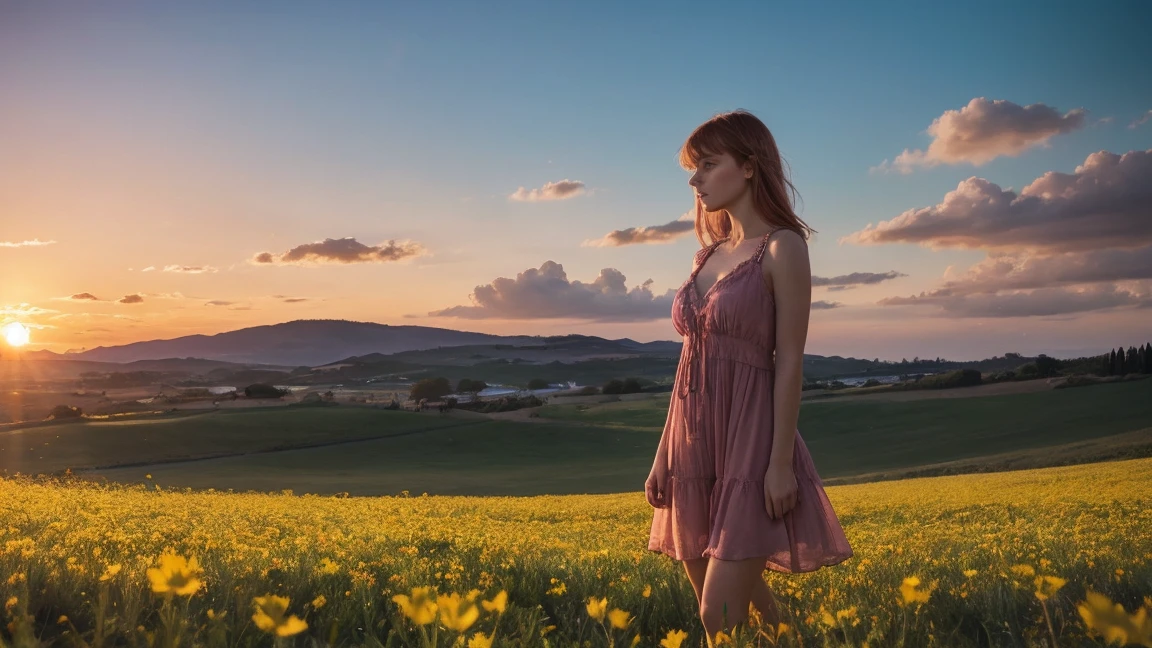 a European girl with bangs looking at her feet while fumbling her hair, blueeyes, short pink semi-transparent sundress, skinny, showing cleavage, ginger hair, freckled face, standing in a colourful flower field(Blue, Red, Yellow flowers), a Italian mansion in the distance, sunset, windy, high quality photo, photo realistic, extremely detailed, highly detailed face, ultra HD, dark realistic film shader