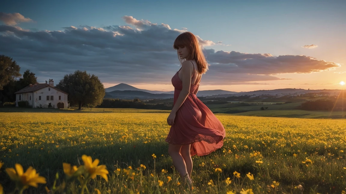 European girl, blueeyes, short pink semi-transparent sundress, skinny, showing cleavage, ginger hair, freckled face, standing in a colourful flower field(Blue, Red, Yellow flowers), looking down, a wooden windmill in the distance, sunset, windy, high quality photo, photo realistic, extremely detailed, highly detailed face, ultra HD, film shader