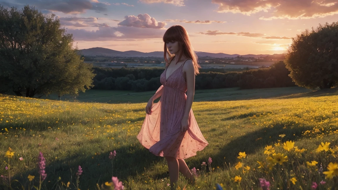 a European girl with bangs looking at her feet while fumbling her hair, blueeyes, short pink semi-transparent sundress, skinny, showing cleavage, ginger hair, freckled face, standing in a colourful flower field(Blue, Red, Yellow flowers), a Italian mansion in the distance, sunset, windy, high quality photo, photo realistic, extremely detailed, highly detailed face, ultra HD, dark realistic film shader