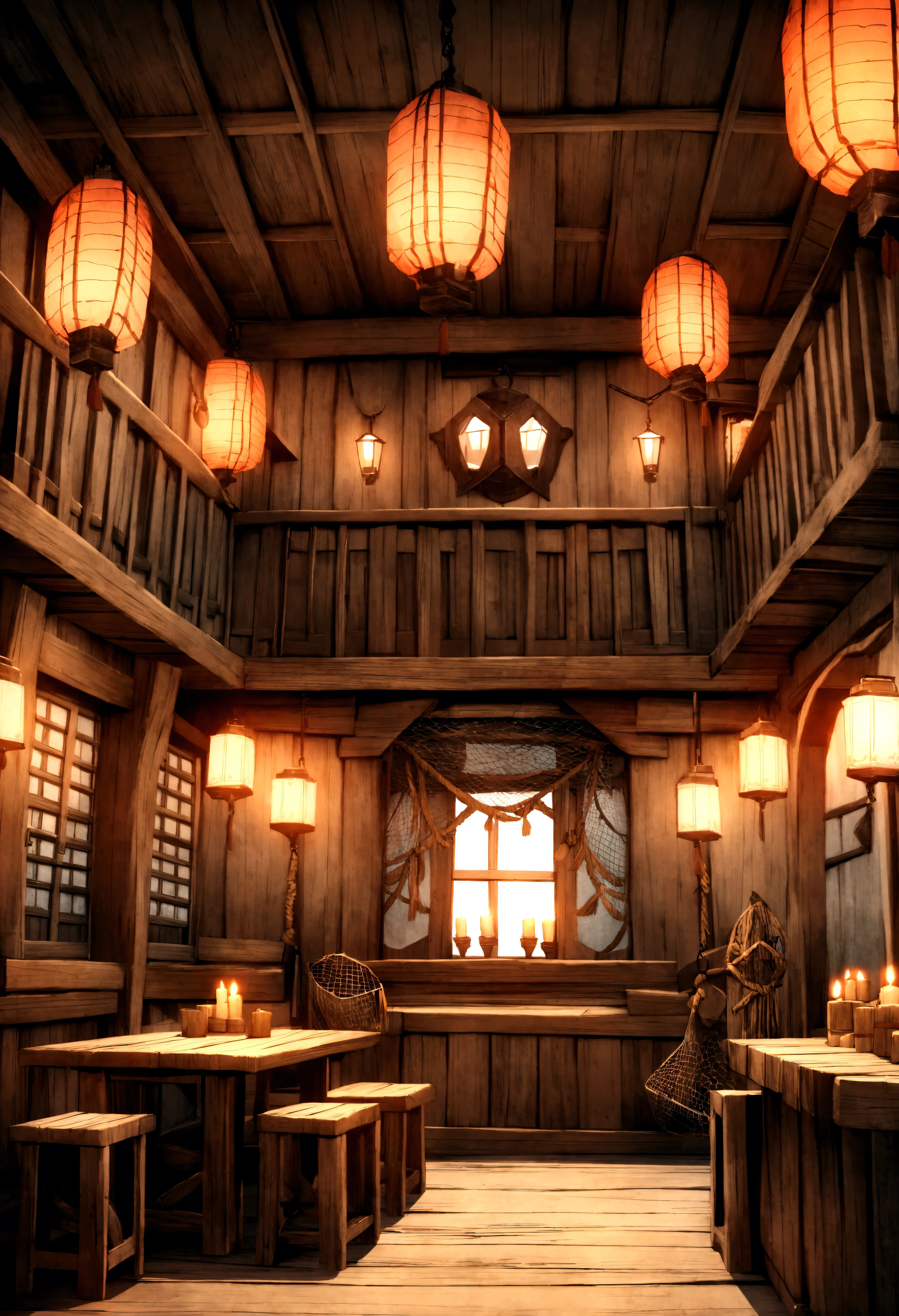 a wide shot of a nautical tavern interior with open windows, detailed wood furniture,, hanging lanterns, glowing candles, rough stone walls, detailed ship models, fishing nets and ropes, weathered textures, bright color tones, best quality, 4k