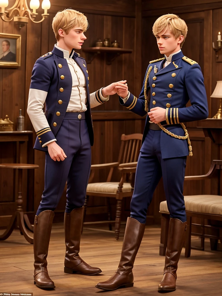 18-year-old cabin boy (fear and pain on his face) kisses Bradley James' boots. he plays the handsome 19th century Victorian captain, John Mangles. The captain is 35 years old, muscular, blond, dressed in a dress uniform that fits his body and demonstrates his muscles, his uniform is unbuttoned, his muscular chest and stomach are visible,