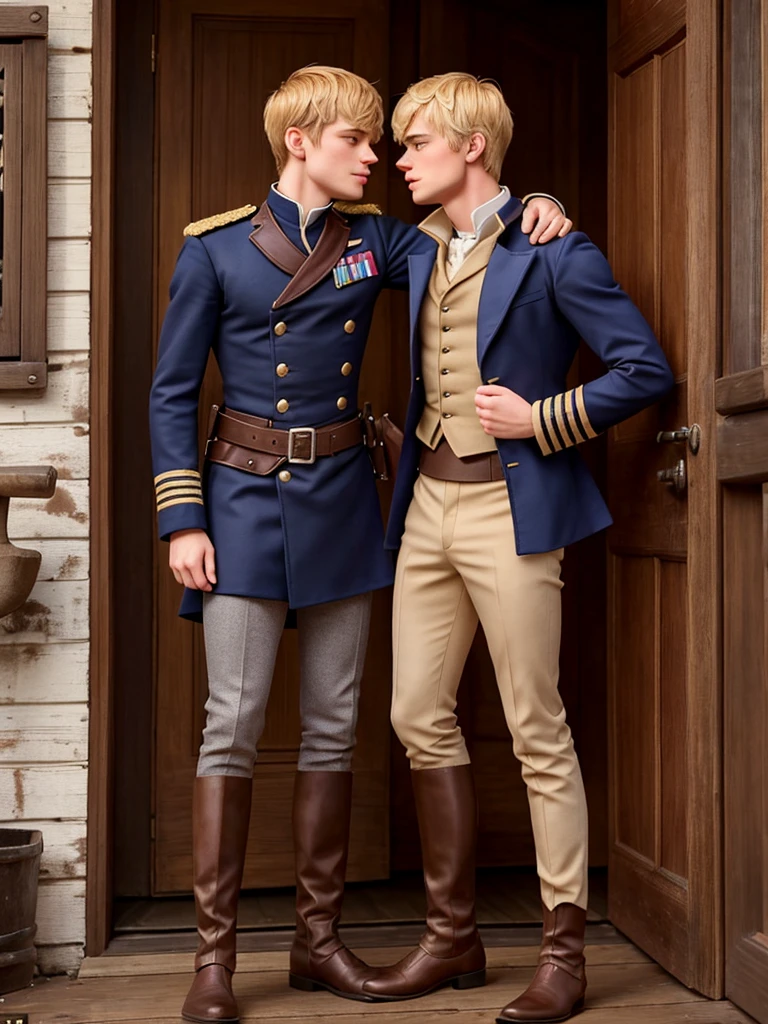 18-year-old cabin boy (fear and pain on his face) kisses Bradley James' boots. he plays the handsome 19th century Victorian captain, John Mangles. The captain is 35 years old, muscular, blond, dressed in a dress uniform that fits his body and demonstrates his muscles, his uniform is unbuttoned, his muscular chest and stomach are visible,