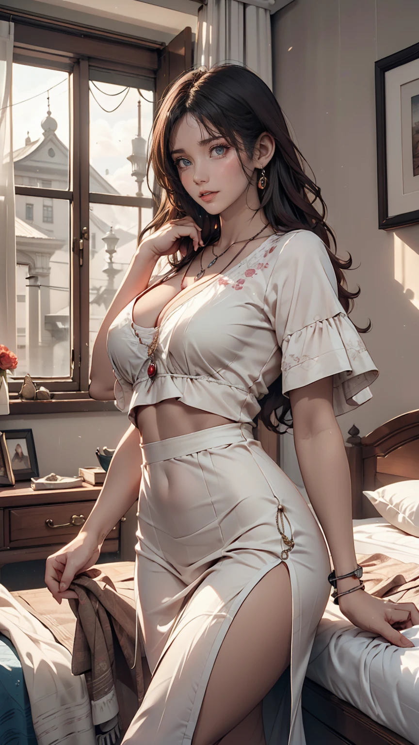 (Chinese Interior, , Realistic documentary photography, View History,)Bedroom, Front of View, Fan Details, Jun Porcelain Fan, Parquet flooring, Calm elegance, Auspicious Cloud Mural,24-year-old woman、Sexy proportions、Sexy、Narrow waist、necklace、Wear accessories on your wrist