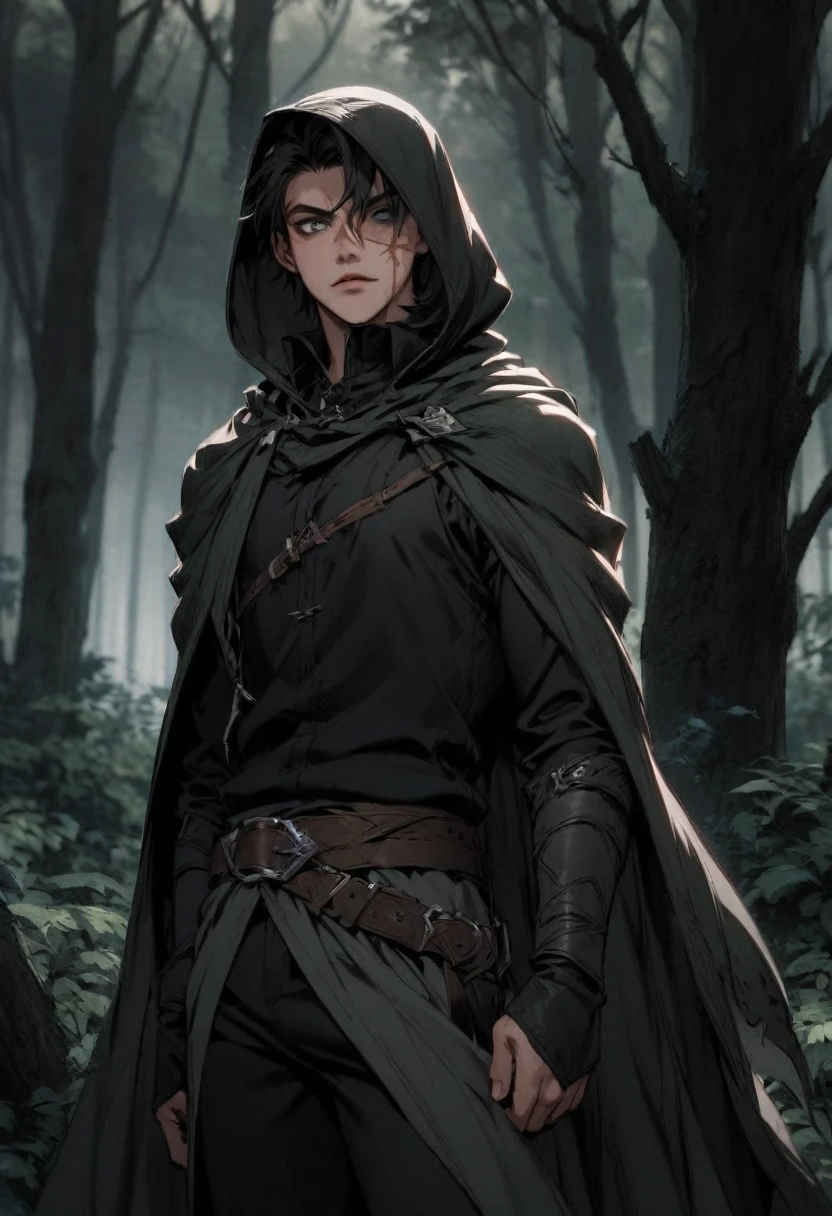 young man ,Male Dark, dark Woods,Red & Black colors, gray eye, rogue dnd, wear cape, hood, have scar