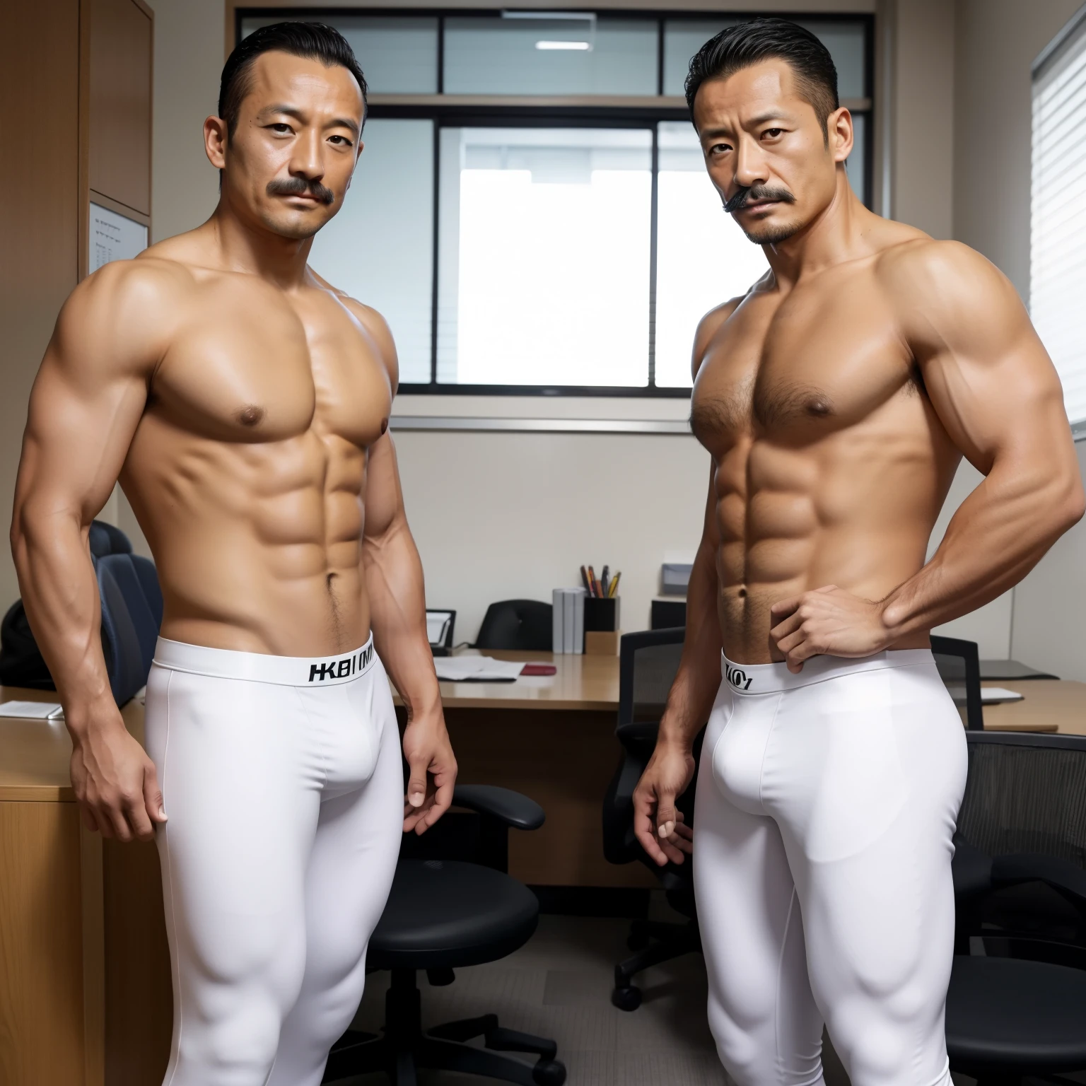 40 years old,Hidetoshi Nakata,(Kogoro Mori 1.3),Two muscular men standing in the office,whole body,White leggings,Topless,Densely hairy,Fortitude,HD,With a mustache
