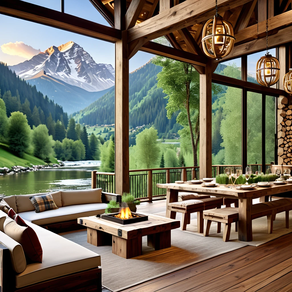 Generate a traditional mountain chalet with a picturesque view of the mountains and river. The setting should include a wooden deck with classic, comfortable seating, rustic wooden tables, and traditional decor elements. Use warm lighting to create a cozy and inviting atmosphere. The surroundings should feature dense greenery and a peaceful river, capturing the essence of a traditional alpine retreat. The design should be timeless, reflecting the charm and comfort of a mountain lodge.
