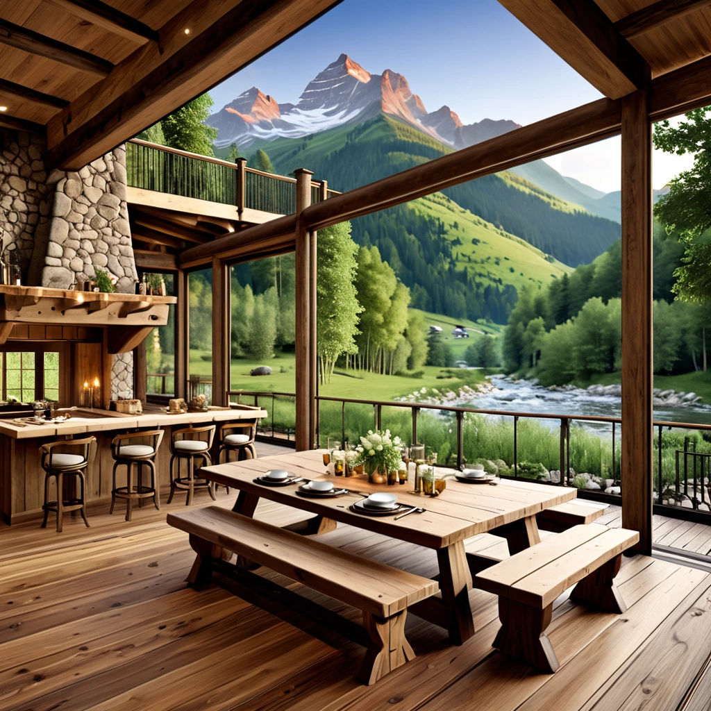 Generate a traditional mountain chalet with a picturesque view of the mountains and river. The setting should include a wooden deck with classic, comfortable seating, rustic wooden tables, and traditional decor elements. Use warm lighting to create a cozy and inviting atmosphere. The surroundings should feature dense greenery and a peaceful river, capturing the essence of a traditional alpine retreat. The design should be timeless, reflecting the charm and comfort of a mountain lodge.
