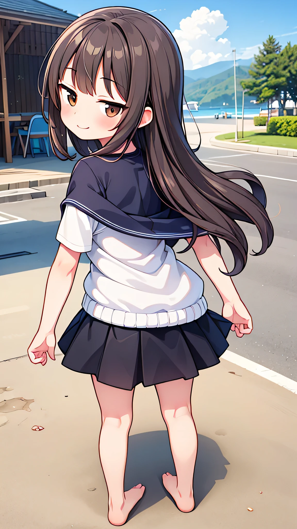 {Highest quality], [Super beautiful], [Ultra fine], [Best illustration], NSFW,Brown Hair, Hime cut,Bangs,girl,,uniform,knit cardigan,Short sleeve,skirt,smile, blush, Slender women,Standing posture,At the Beach,Summer festival,diagonal, barefoot,From the back