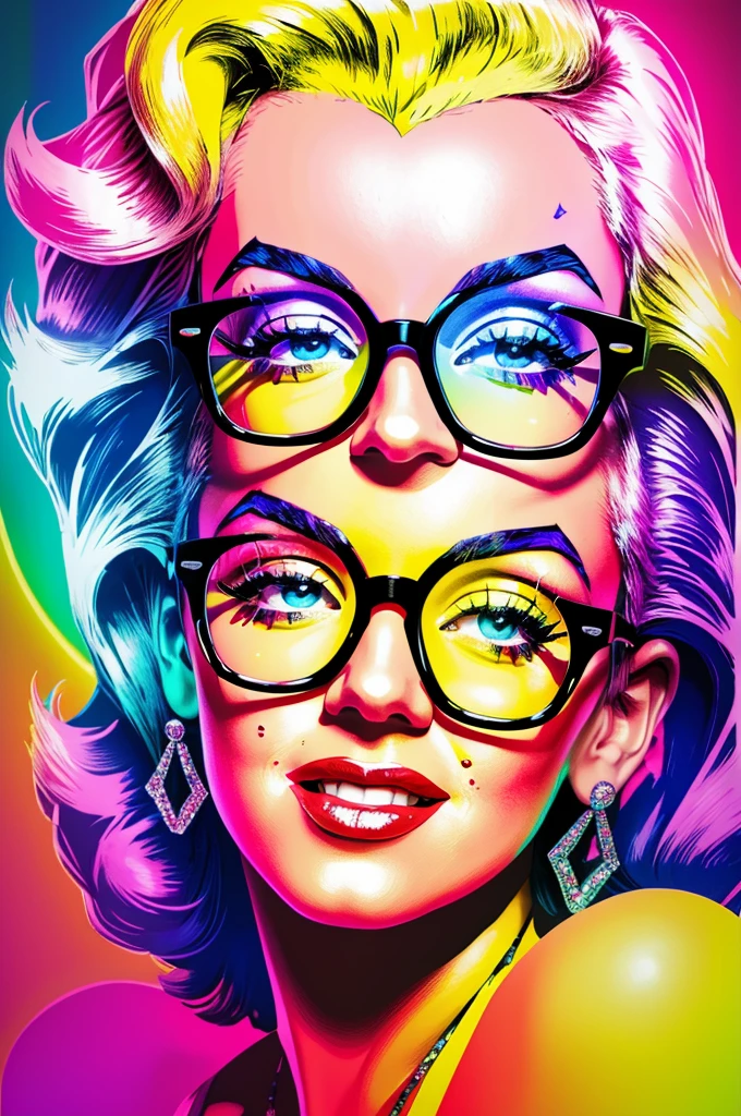 Marilyn Monroe in neons, rhinestone frame palette knife style in bright phosphor colors art, printable wall art, funny people prints, funny people, neon glasses, professional photography, detailed rendering, high detail, high resolution, 8k, pixel hyperrealism, 300 dpi, high detail, realism,