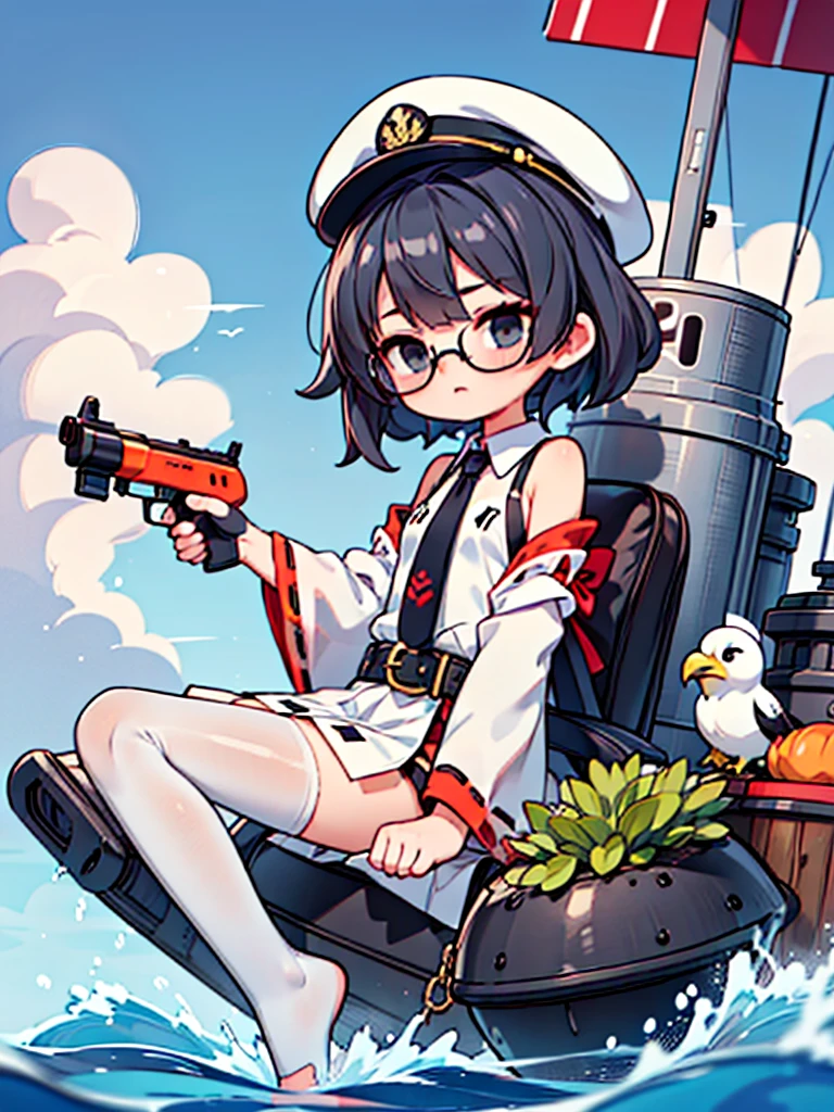((((Full body of a woman with perfect flat chest、solo、Short unkempt black hair、Tie your messy hair at the nape of your neck、white military jacket、Miko costume、tights、Black glasses、White military cap、Cloudy black eyes、Sleepy expression、Falcon Hair Accessories、Eagle hair accessory)))), (((masterpiece))), (((Shipgirl))), ((Floating on the morning sea with both feet)), (Spread your legs wide open), (Hold the turret with your right hand), (Mechanical arms extending from the waist are used to equip the ship with battleship equipment.), (Equipped with a turret on the back), (Holds the turret with his left arm), Shotgun shells are attached to the thigh with a belt, Spreading the Machine's Wings, Machine tail, shotgun,