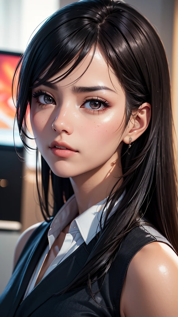 upper body,japanese,beautiful browneyes, beautiful lips,(furrowed brow) , longeyelashes,((slender)),black hair,((straight hair )),looking away,displeased, office lady, (professional business attire), office setting, desk, (highres,masterpiece:1),detailed,(realistic,photorealistic,photo-realistic:1),HDR,UHD,studio lighting,ultra-fine painting,sharp focus,physically-based rendering,extreme detail description,professional,vivid colors,bokeh,intricate details,highly realistic,photorealistic portrait
