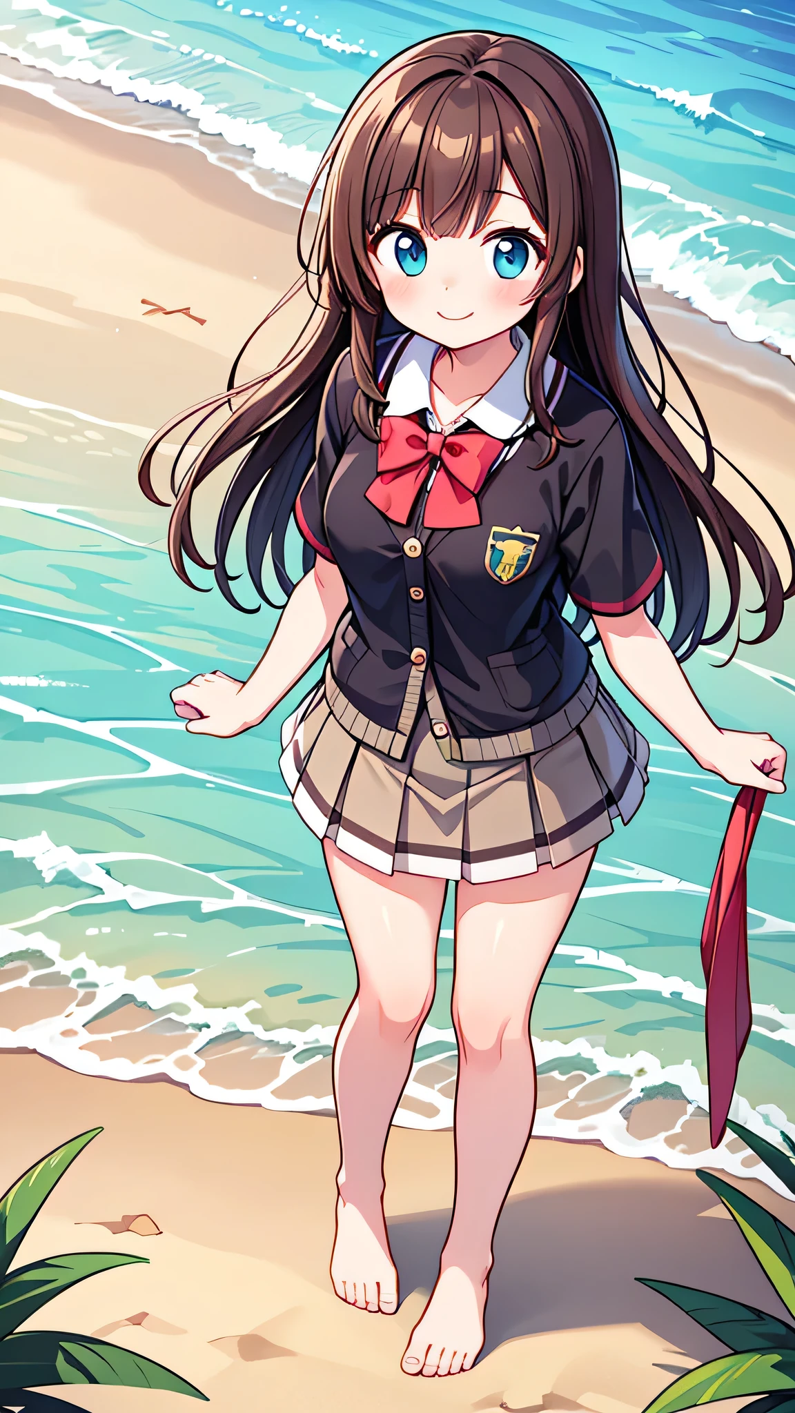 {Highest quality], [Super beautiful], [Ultra fine], [Best illustration], NSFW,Brown Hair, Hime cut,Bangs,girl,,uniform,knit cardigan,Short sleeve,skirt,smile, blush, Slender women,Standing posture,At the Beach,Summer festival,diagonal, barefoot,From above