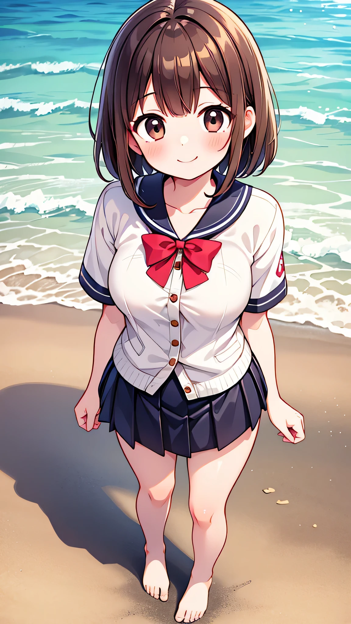 {Highest quality], [Super beautiful], [Ultra fine], [Best illustration], NSFW,Brown Hair, Hime cut,Bangs,girl,,uniform,knit cardigan,Short sleeve,skirt,smile, blush, Slender women,Standing posture,At the Beach,Summer festival,diagonal, barefoot,From above