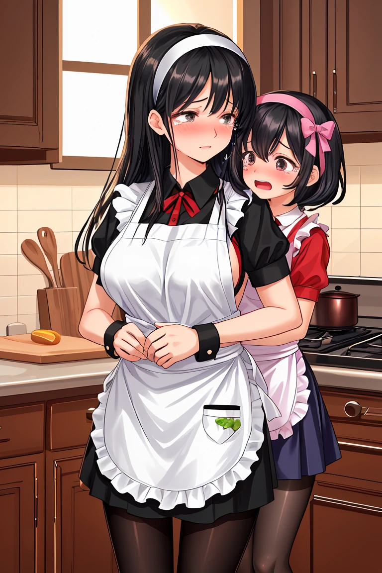 Beauty mother-in-law Black Hair A little height difference Mother and daughter have beautiful breasts hair band Both mother and daughter are holding back tears. apron kitchen mini skirt Black Pantyhose White panties handcuffs