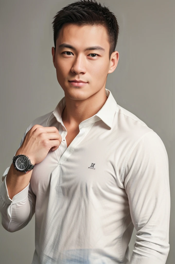 1man,
a 25 y.o muscular male wearing long-sleeve white shirt and tie, with a watch, upper body,
in camera studio with 3 flash, soft lighting,
masterpiece, best quality, 8k uhd, dslr, film grain, Fujifilm XT3 photorealistic painting art by midjourney and greg rutkowski