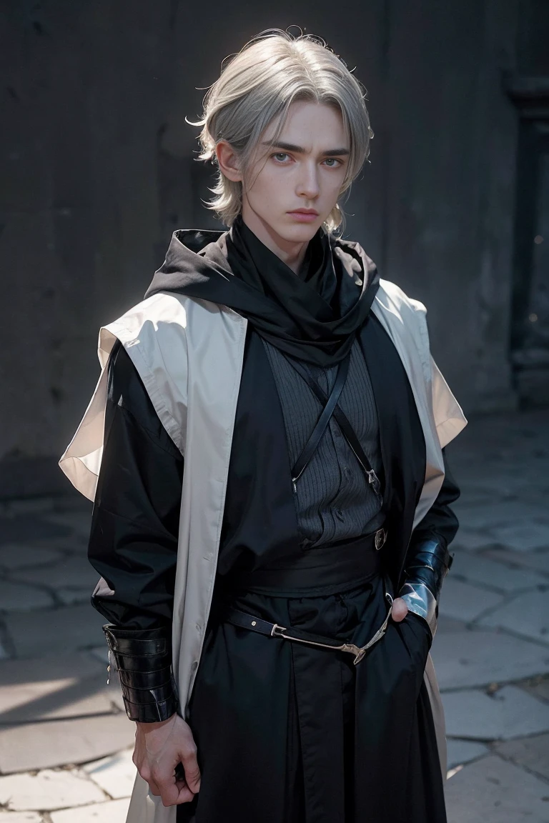 Rollo is a tall young man with a pale complexion. His hair is grey with streaks of white, and is styled in front with short, choppy bangs following longer sections framing his face above his ears, short hair which lead into thin grey sideburns. His nose is vertically long and flat, and his eyebrows are dark-grey, furrowed and s-shaped. He has sanpaku eyes, which are a pale forest-green with tints of deep blue framed with dark-grey, thick and upturned eyelashes with large hoods above them. His lips are thin and pale, darker on the upper lip and paler on the bottom.
His heavy eye-bags are particularly striking, being a deep grey and even coloring the hoods; because of them, his eyes are creased at the bottoms. His face is typically inexpressive, usually displaying a scowl. He uses a handkerchief to cover up his expressions in public.