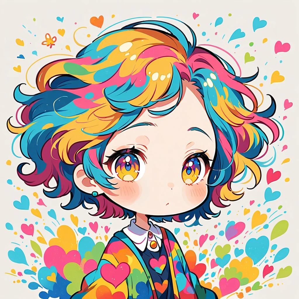 Mika Pikazo style, Simple Line Initialism,Abstract art,Urban Background, colorful hearts ,(((The most beautiful girl of all time))), (((chibi))),
