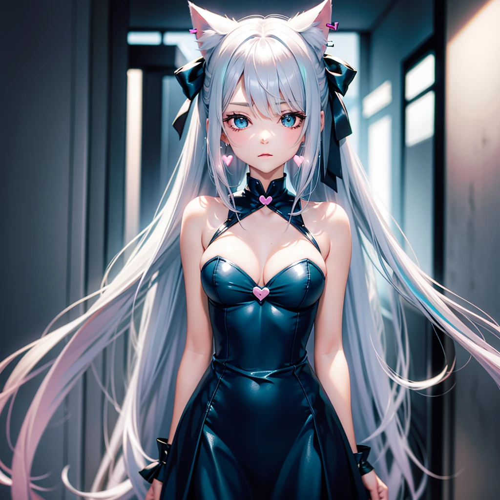 Silver hair, pink eyes, body, cat ears, sexy girl, earrings, heart background fantasy, teal blue uniform, hair bow