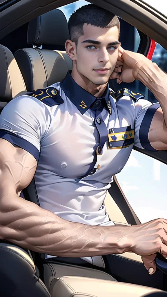 (Create a masterpiece: 1.2),(CGI art:1.3),(realistic:1.5),(After processing:1.3),(Sharp focus:1.3), 1 man holds the steering wheel of a car ,(crew cut short hair:1.8),black eye, smile,(navy police uniform outsite :1.5),(shirt short sleeves:1.5),collar,(shirt covered over:1.2),(name tag and Police badge:1.3),(shirt no buttons:1.1),(black_gloves:1.3),
(Navy blue cargo:1.2), Korean guy , korean men, (High gloss details), chest muscles, large arm muscles, blood vessel, Big muscles, Broad shoulders, looking at the audience, Balancing the eyes, middle of the road, (drive a car: 1.5), (in the car: 1.3), , middle of the road