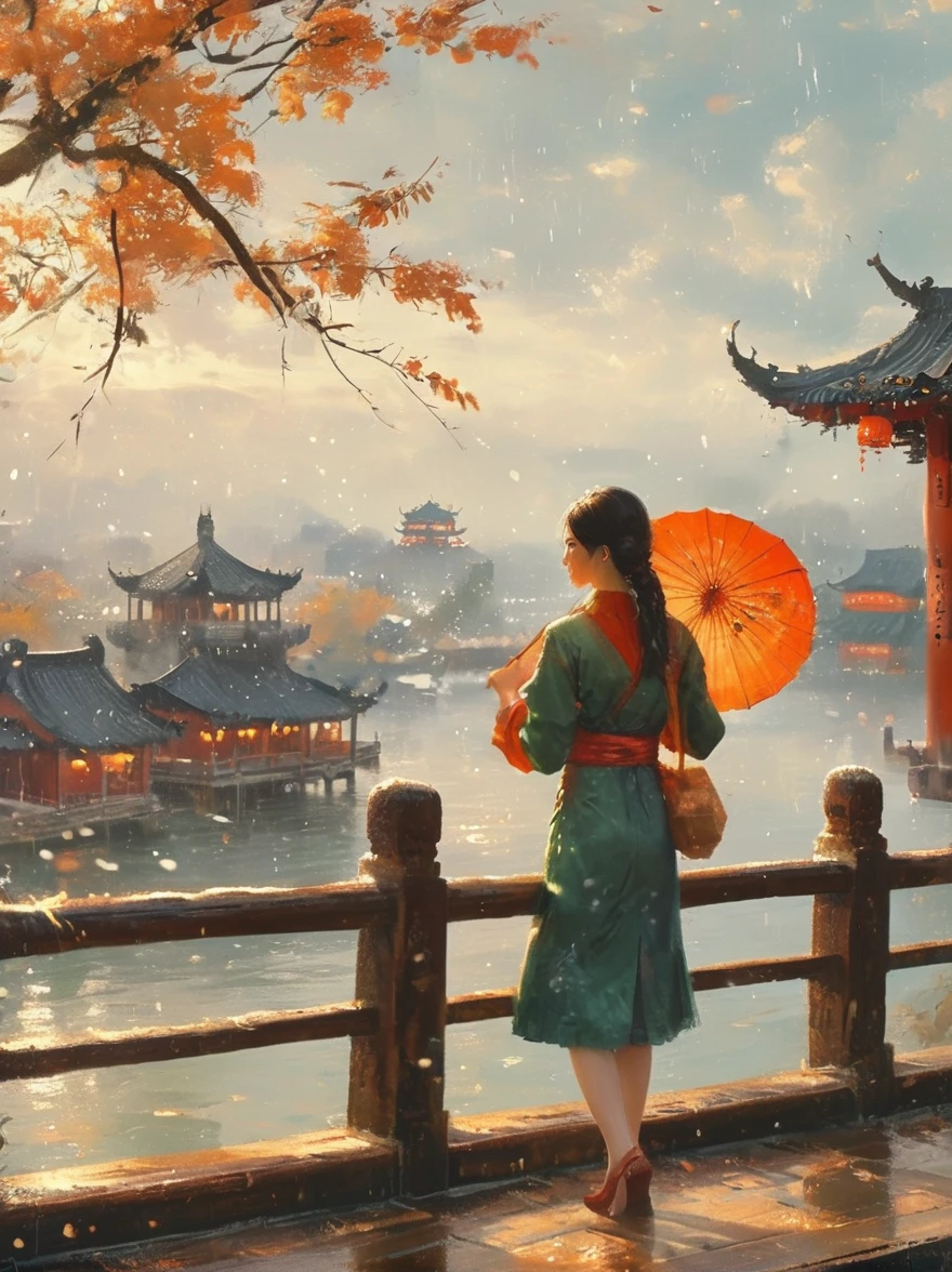 （Best quality，8K，high resolution，masterpiece:1.2），Ultra Detail，（lifelike，Photorealism，Photorealism:1.37），(Girl holding an oil-paper umbrella:1.3)，Girls Focus，Close shot，Stand on a small bridge，Running Water，Ancient Town，Jiangnan Scenery，antique，Spring rain，light rain，beauty，beauty细致的眼睛，beauty细致的嘴唇，Extremely detailed eyes and face，Long eyelashes，Chinese traditional clothing，Chinese Architecture，illustration，The image is bright，rich and colorful，Fine details