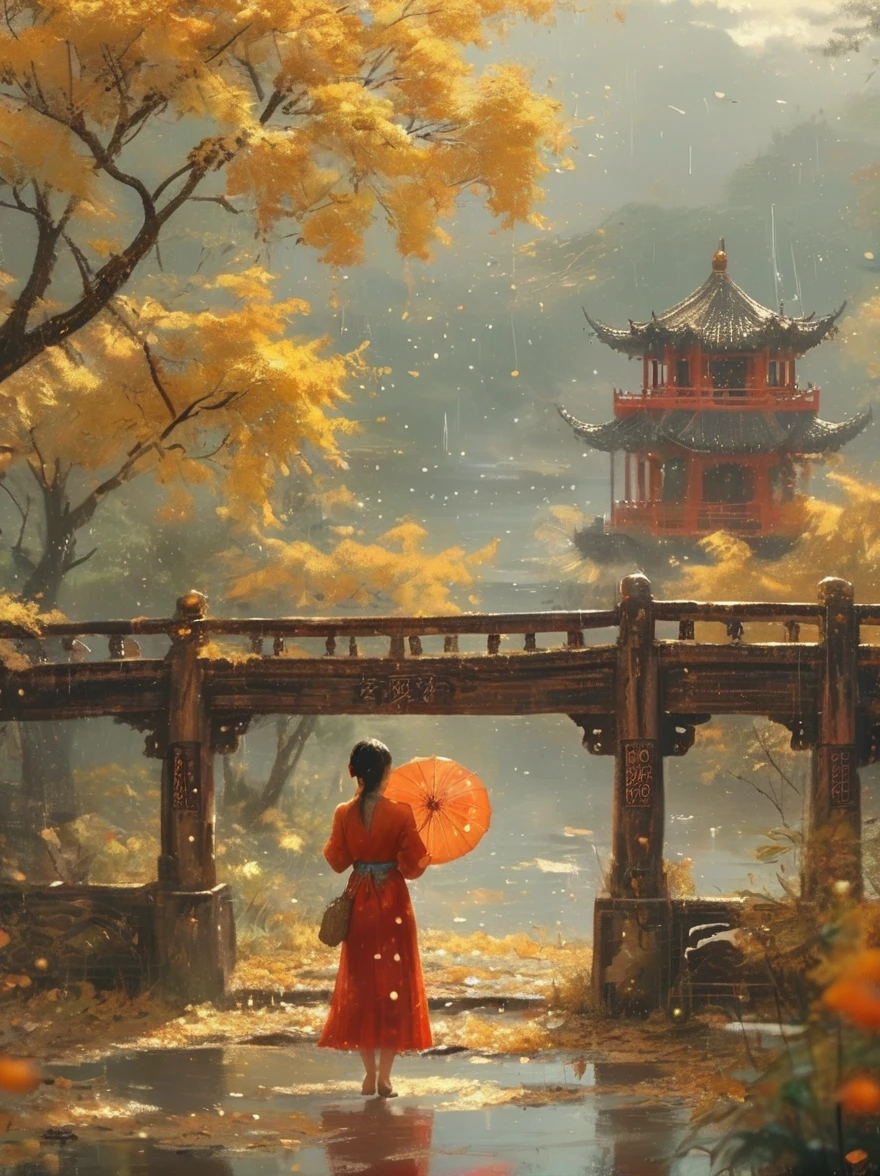 （Best quality，8K，high resolution，masterpiece:1.2），Ultra Detail，（lifelike，Photorealism，Photorealism:1.37），(Girl holding an oil-paper umbrella:1.3)，Girls Focus，Close shot，Stand on a small bridge，Running Water，Ancient Town，Jiangnan Scenery，antique，Spring rain，light rain，beauty，beauty细致的眼睛，beauty细致的嘴唇，Extremely detailed eyes and face，Long eyelashes，Chinese traditional clothing，Chinese Architecture，illustration，The image is bright，rich and colorful，Fine details