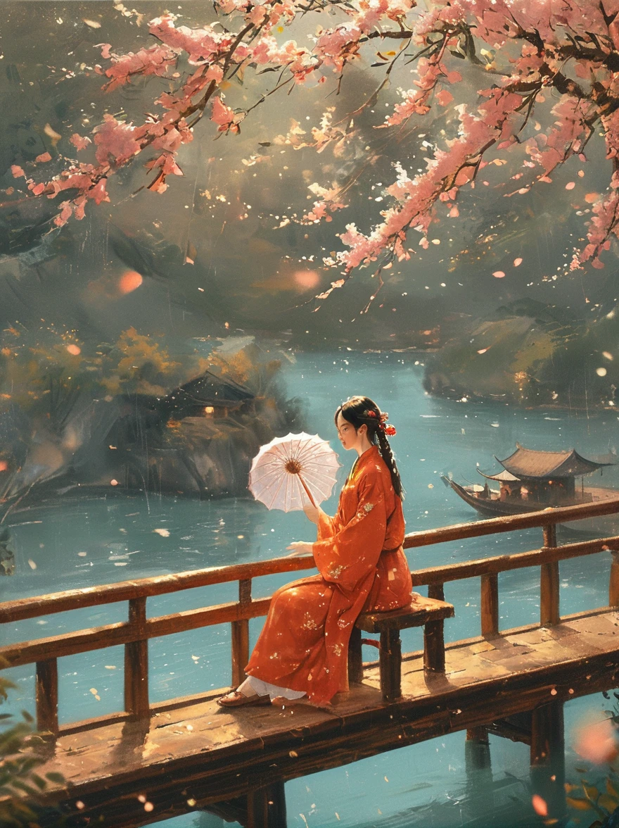 （Best quality，8K，high resolution，masterpiece:1.2），Ultra Detail，（lifelike，Photorealism，Photorealism:1.37），(Girl holding an oil-paper umbrella:1.3)，Girls Focus，Close shot，Stand on a small bridge，Running Water，Ancient Town，Jiangnan Scenery，antique，Spring rain，light rain，beauty，beauty细致的眼睛，beauty细致的嘴唇，Extremely detailed eyes and face，Long eyelashes，Chinese traditional clothing，Chinese Architecture，illustration，The image is bright，rich and colorful，Fine details