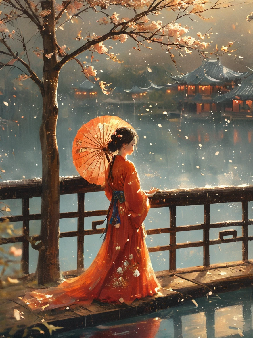 （Best quality，8K，high resolution，masterpiece:1.2），Ultra Detail，（lifelike，Photorealism，Photorealism:1.37），(Girl holding an oil-paper umbrella:1.3)，Girls Focus，Close shot，Stand on a small bridge，Running Water，Ancient Town，Jiangnan Scenery，antique，Spring rain，light rain，beauty，beauty细致的眼睛，beauty细致的嘴唇，Extremely detailed eyes and face，Long eyelashes，Chinese traditional clothing，Chinese Architecture，illustration，The image is bright，rich and colorful，Fine details