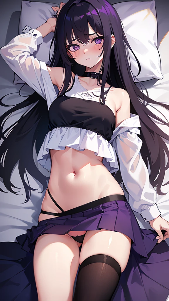 age girl ((small stature)) ((White skin)) ((purple eyes)) ((long hair, emo on one eye)) ((black hair)) ((Shy and blushing)) ((small breasts)) ((small hips)) ((lying in bed with the shirt slightly raised showing the abdomen)) ((skirt raised a little revealing panties)) ((hand on vagina))