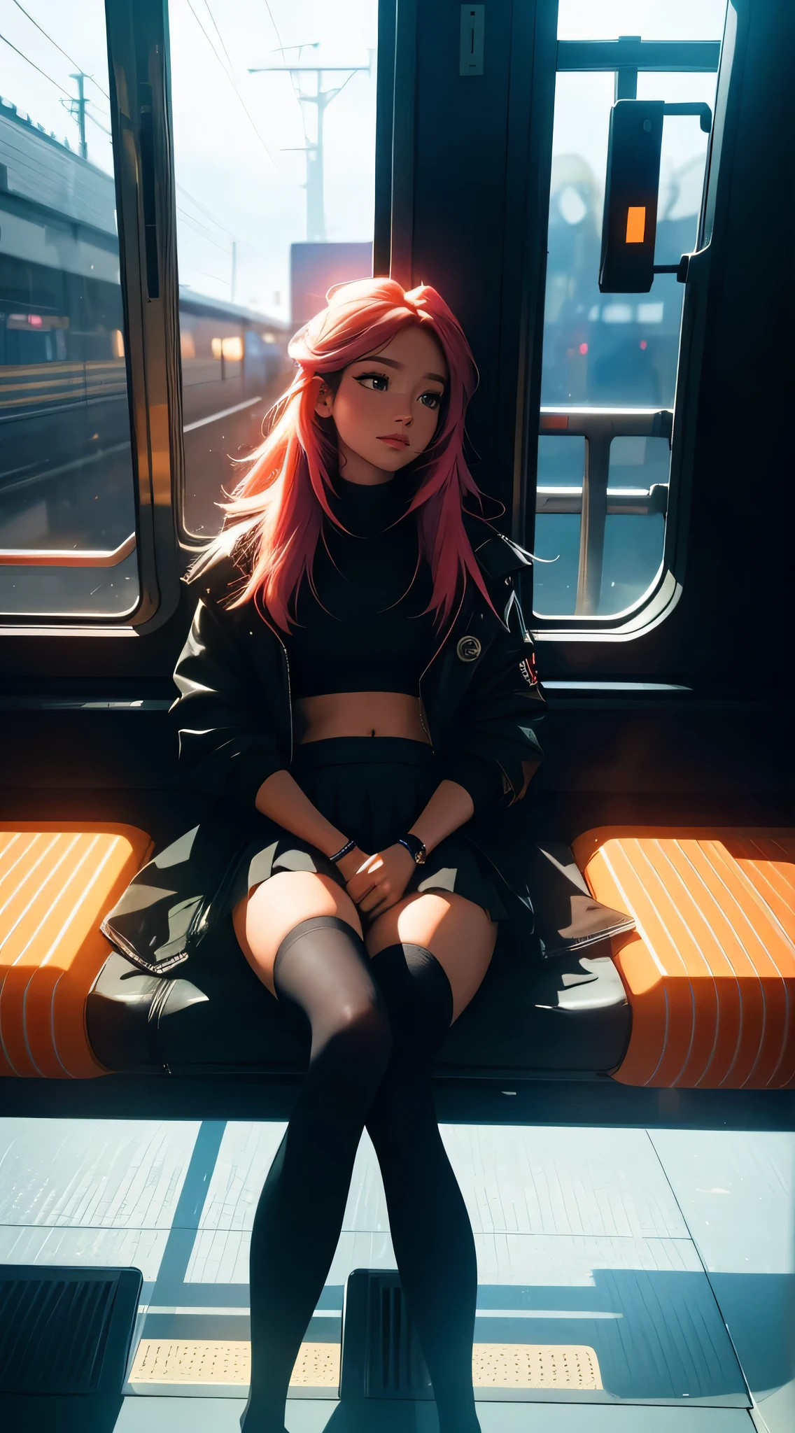 train du futur, cyberpunk,  sitting by the window,  pose pensives, Looking dreamily off in the distance, 
Landscape passing by at high speed, voyage de nuit, beautiful starry sky, Une belle fille avec, 
UHD Portrait, (High quality) (ultra details) Spectator in tenue de ville hip-hop style. open jacket, crop top, short skirt, over the knee socks, striped; different, colourfull, colored  long hair 🌈
Back light. light through hair, low key lighting, deep shadows, dark scene. spotlight on face