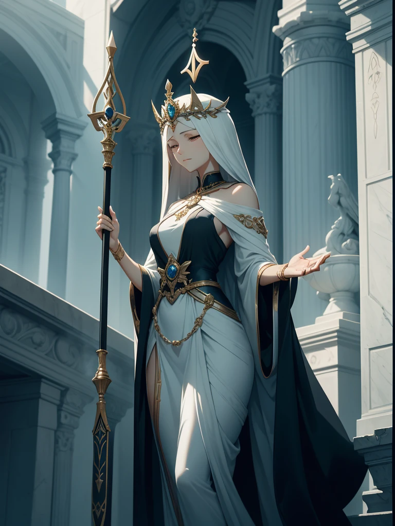 Imagine Themis as a regal figure of divine grace and wisdom, standing tall with a serene expression. Her eyes, hidden behind a white blindfold, signify impartiality and unbiased judgment. She wears a flowing gown that billows softly around her, symbolizing her connection to the heavens and the ethereal realm of justice. In one hand, she holds a set of perfectly balanced scales, delicately measuring the weight of evidence and truth. In her other hand, she gently grasps a sword, representing her authority to enforce justice and maintain order. Her presence exudes a sense of solemnity and solemn grace, embodying the timeless principles of fairness and righteousness.