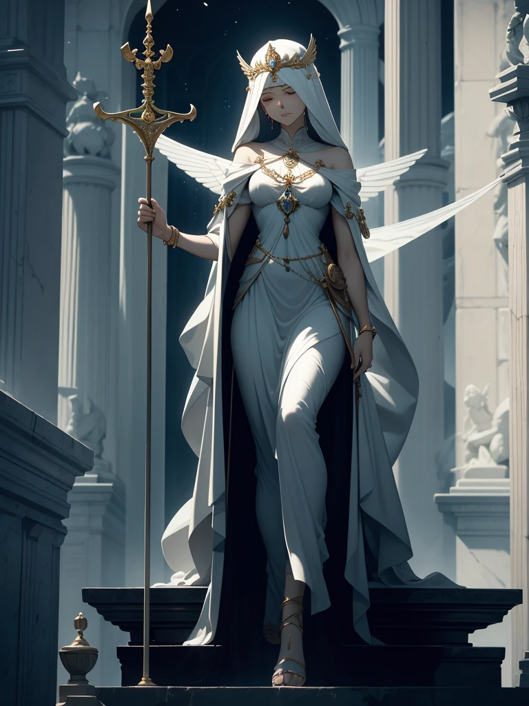Imagine Themis as a regal figure of divine grace and wisdom, standing tall with a serene expression. Her eyes, hidden behind a white blindfold, signify impartiality and unbiased judgment. She wears a flowing gown that billows softly around her, symbolizing her connection to the heavens and the ethereal realm of justice. In one hand, she holds a set of perfectly balanced scales, delicately measuring the weight of evidence and truth. In her other hand, she gently grasps a sword, representing her authority to enforce justice and maintain order. Her presence exudes a sense of solemnity and solemn grace, embodying the timeless principles of fairness and righteousness.
