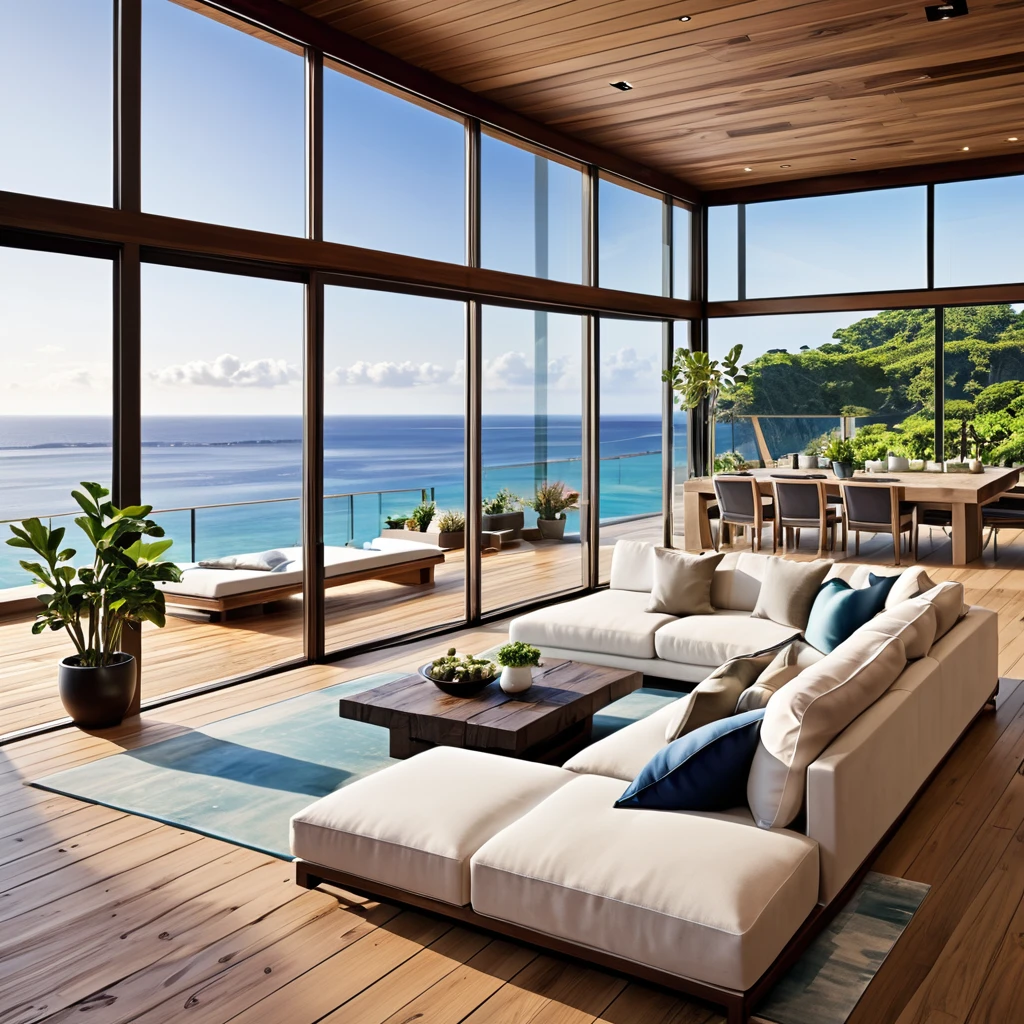 Create a luxurious seaside living room with expansive glass windows offering a stunning ocean view. The space should feature a large, comfortable sectional sofa with plush cushions, an elegant indoor pool, and natural wooden flooring. Incorporate modern, minimalist furniture with warm lighting to enhance the cozy atmosphere. Add natural elements like potted plants and wooden accents to blend the indoor space with the outdoor scenery. The overall design should exude warmth, luxury, and a seamless connection with the ocean view.
