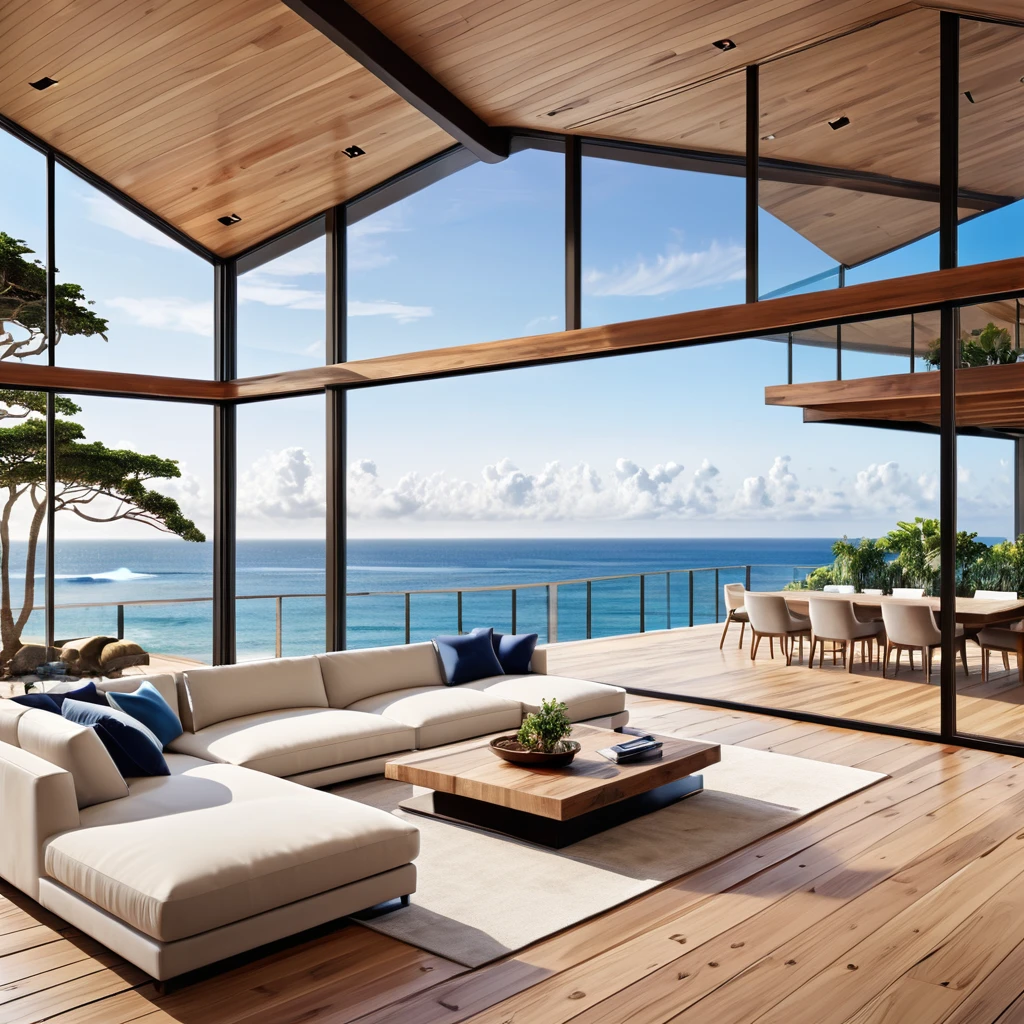 Create a luxurious seaside living room with expansive glass windows offering a stunning ocean view. The space should feature a large, comfortable sectional sofa with plush cushions, an elegant indoor pool, and natural wooden flooring. Incorporate modern, minimalist furniture with warm lighting to enhance the cozy atmosphere. Add natural elements like potted plants and wooden accents to blend the indoor space with the outdoor scenery. The overall design should exude warmth, luxury, and a seamless connection with the ocean view.
