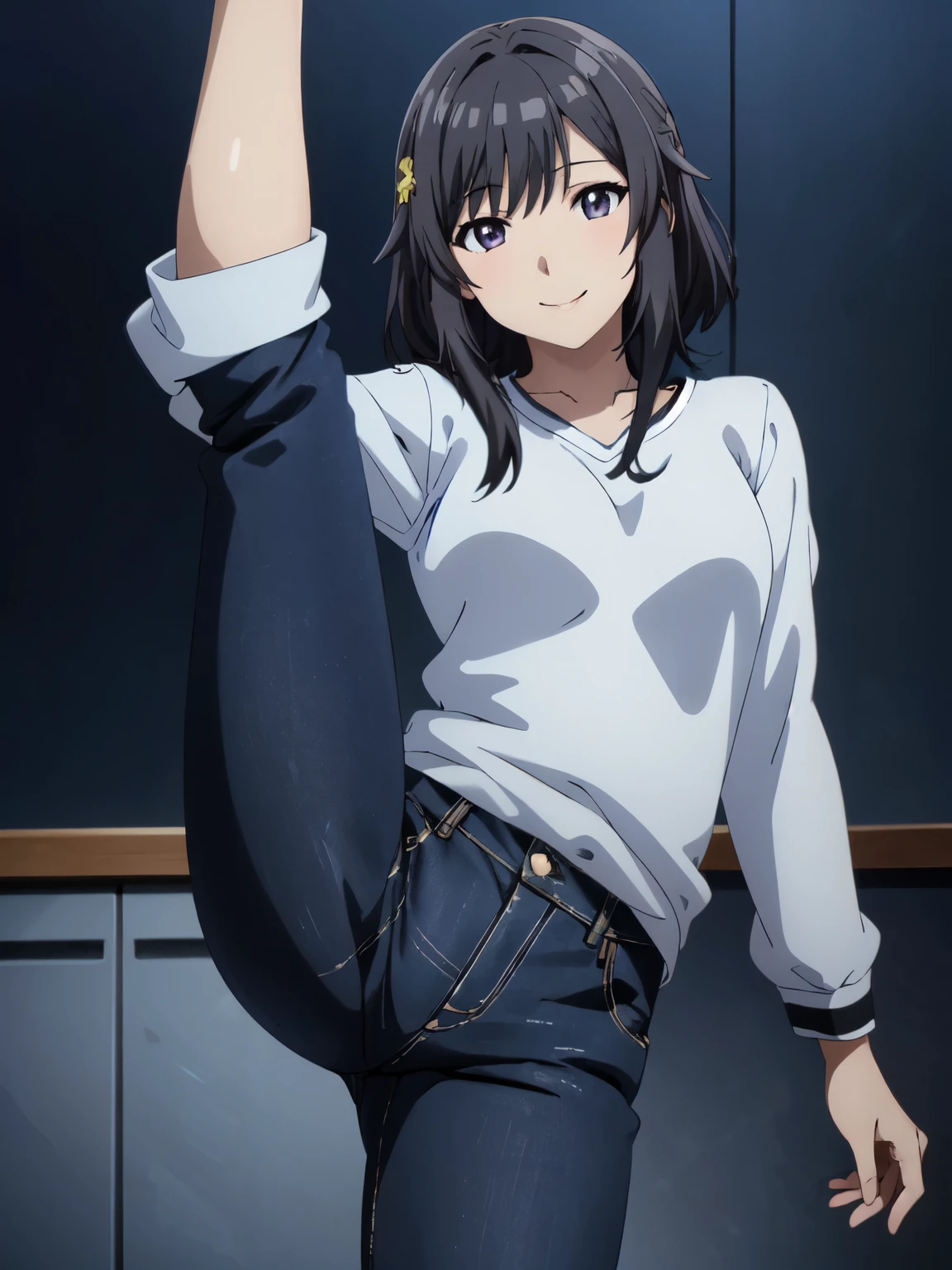 (Moe:1.10)、Very detailed、Akane Nishino、Standing、smile、In jeans、smile、Kick、Lift your legs、Closed Mouth、One Girl,Absolute reference to the center、4K,8K、Jersey、 Perfect lighting, Extremely detailed CG、High resolution、超High resolution、Physically Based Rendering(Genuine、Realistic、Realistic)、Cowboy Shot、(Anime illustration style:1.2)、Raising his leg