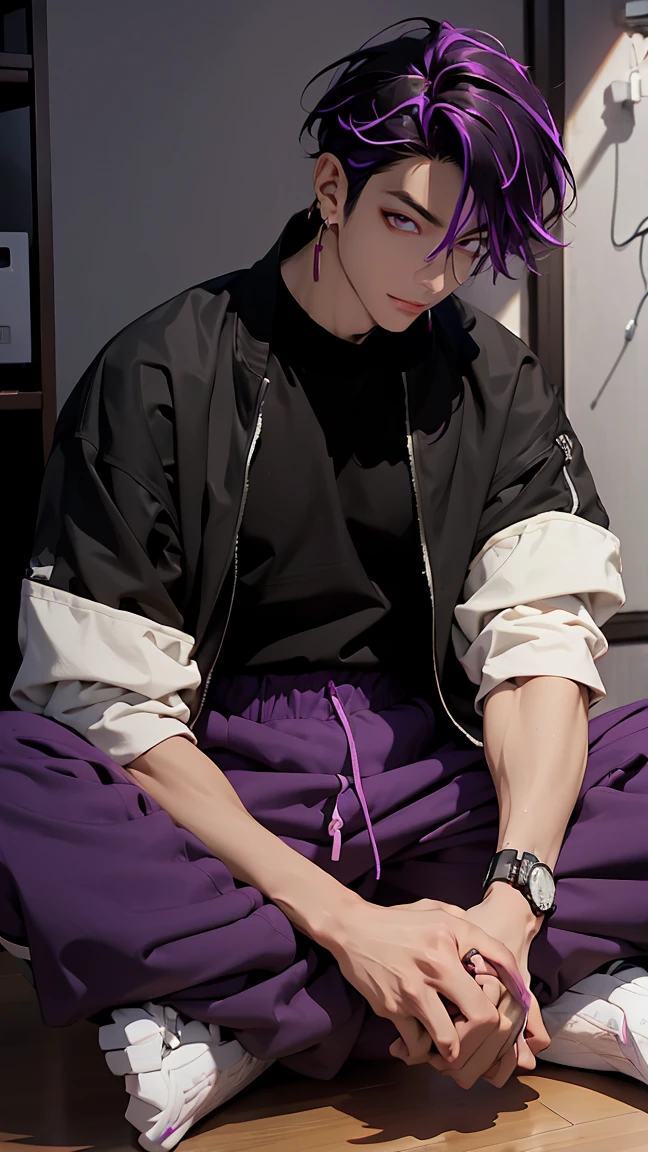 highest quality, 8K, high resolution image, anime style Jujutsu Kaisen, (Iori_suiseki), detailed strokes, bored look , blurred, purple light reflecting from it, 1 man, young, male, model, hand in pocket, cool guy, multicolored Background with various geometric shapes, around stickers, muscular,Black hair, purple eyes, multicolored hair, purple hair, hair between eyes, highlighted hair ,swollen chest, naked torso, black jogging suit jacket, black jogging suit trousers, open jacket, sitting on the floor , Background:Room, messy bedroom, empty bottles standing and lying everywhere, he is drunk, He is sitting on the floor leaning against the wall with a bottle in his hand